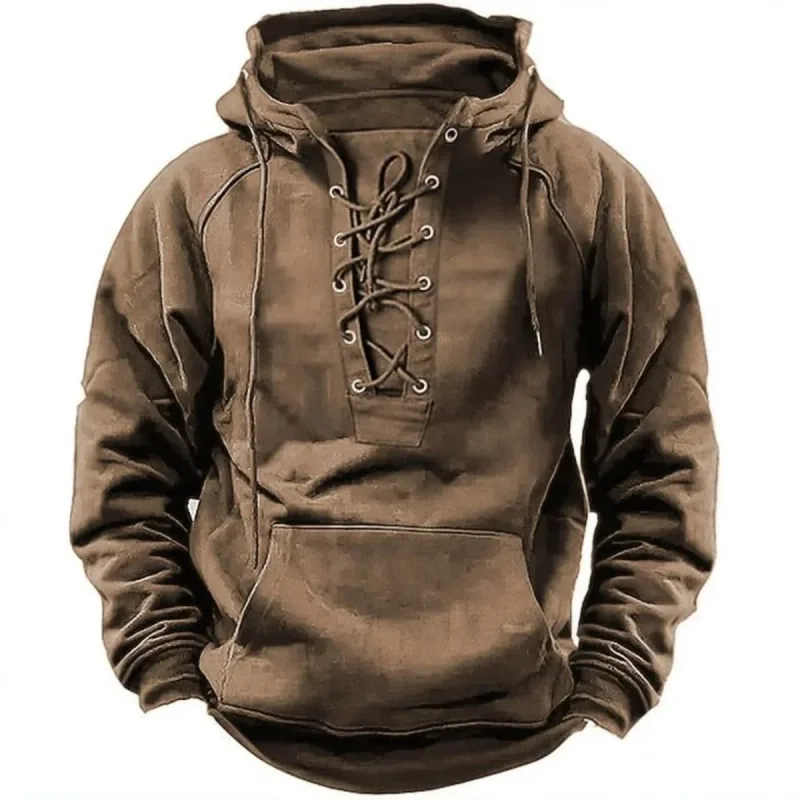Men's Retro-Style Lace-Up Hooded Sweatshirt Loose-Fitting Long-Sleeved Pullover Pure Color Design for Autumn Winter Hoodie — image 6