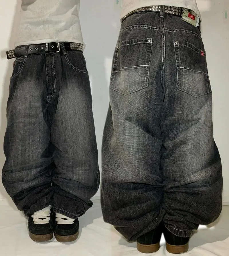 Fashion Gothic New Black Solid Color Washed Old Casual Jeans Men Y2K Street Cloth Vintage Popular High Waist Loose Wide Leg Pant — image 8