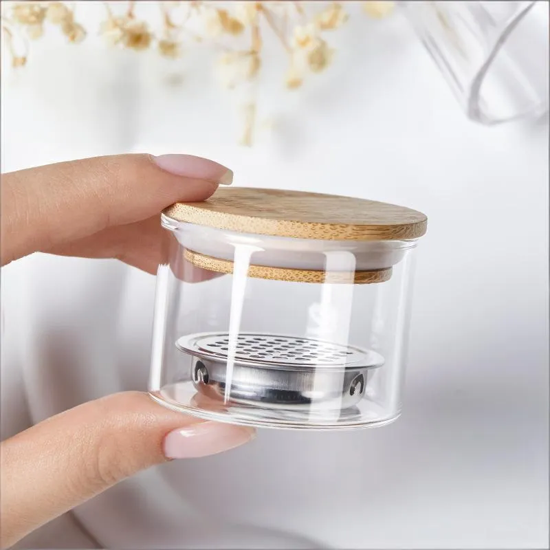 1PC Transparent Glass Nail Brush Cleaner Cup Round With Wood Lid Brushes Washing Cup Stainless Steel Mesh Nail Brush Cleaner.