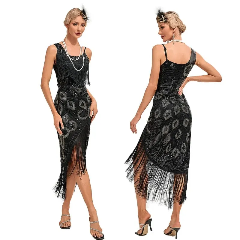 Vestido de lantejoulas 1920s retro borla pavão padrão vestido grande gatsby cocktail festa charleston vestido de dança bola longo vestido de noite — image 7