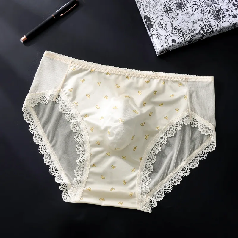 Calcinha de cetim sissy masculina, tamanho grande, sexy, renda transparente, lingerie brilhante, cintura média, laço em u, bolsa convexa — image 22