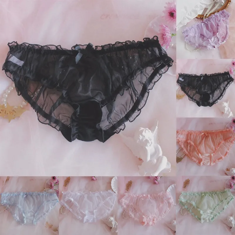 Homens Sissy Malha Chiffon Arco Floral Renda Bolsa Cueca Calcinha Biquíni Breve Calcinha Pura Transparente Sólida Cuecas Masculinas Shorts — image 9