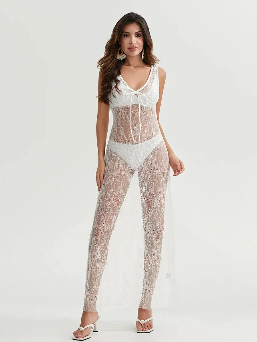 Y2k roupas femininas sexy transparente renda floral transparente vestido regata verão sem mangas decote em v vestido longo streetwear — image 5