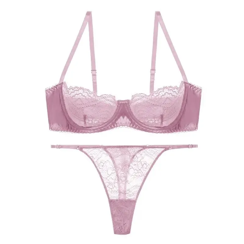 Sexy Lace 1/2 Cup Bra Set for Women Ultra-thin Lingerie French Black Brassiere and Thongs Sets Underwire Underwear — image 7