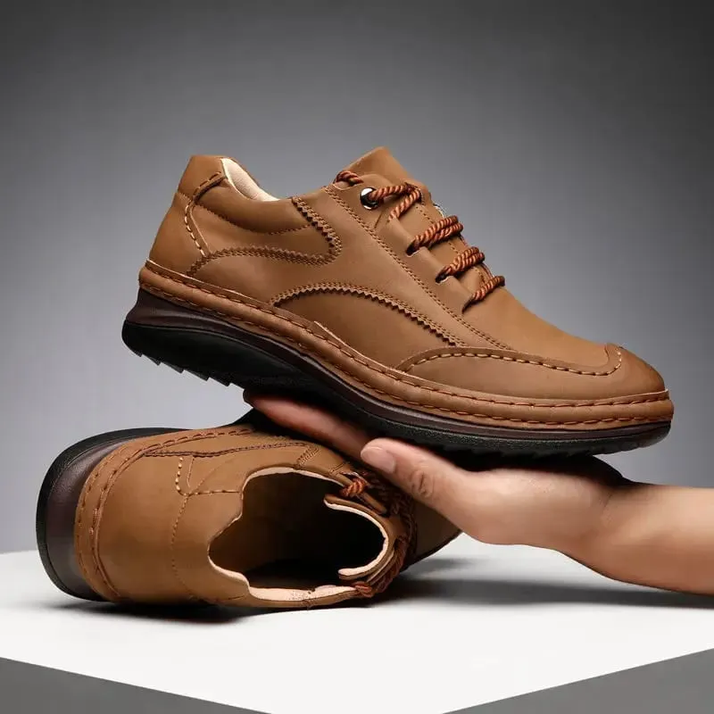 Men Handmade Stitching Cowhide Shoes Casual Lace Up Walking Footwear Comfort Non Slip Rubber Sole Breathable Outdoor Daily Shoes — image 4