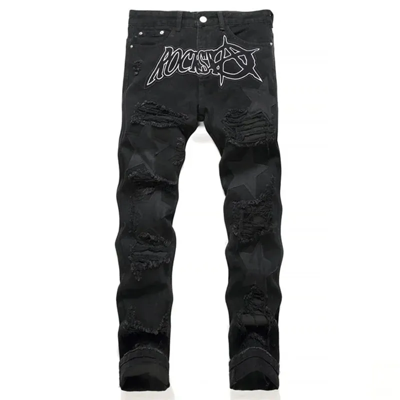 Autumn And Winter Retro Black Ripped Jeans Men'S Straight Leg Pants Pentagram Patch Casual Jeans Pants