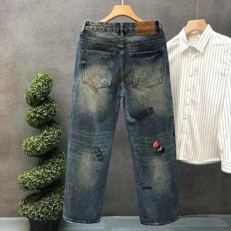 Spring and Autumn New Fashion Trend Print Straight Elastic Denim Pants for Men Casual Loose Retro Sport High-Quality Denim Jeans — image 5