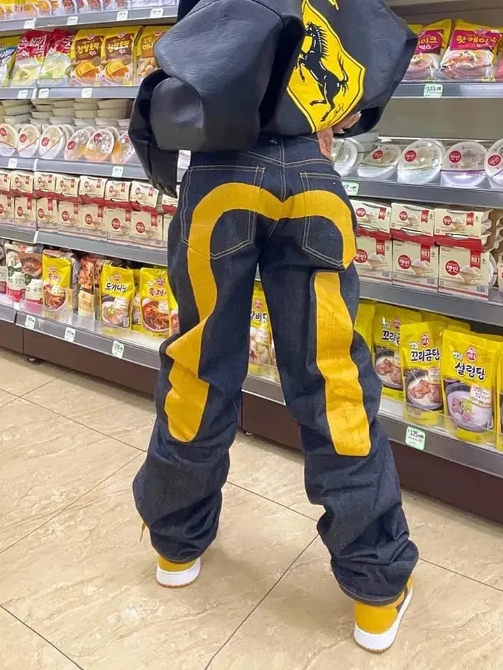 Black Men Straight Leg Jeans Yellow Stitching Loose Slim Fit Trousers 3D Dice Print Artistic Design Unique Trending 2025 New — image 4