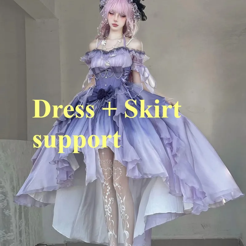 Dophee Original Lolita Trailing Puffy Dress Kvinnor Kort Fram Lång Baksida Prinsessan Blå Blomma Bröllopsklänning Elegant Off Shoulder — image 11