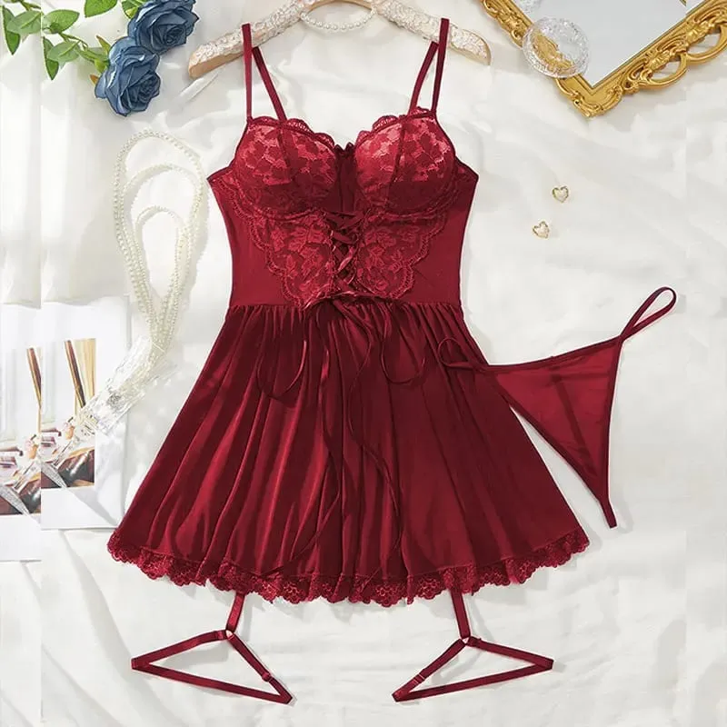 Pink Cute G-strings Lingerie Set Erotic Night Dress Sexi Lenceria Suspenders Ultra-thin Underwear Women Hot Semi-Sheer Nightgown — image 9