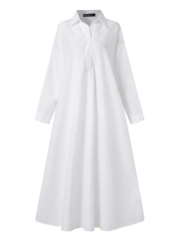 Vestido feminino outono manga comprida camisa vestido solto oversized maxi kaftan mulher lapela sólida meio botão a linha vestido de verão — image 5