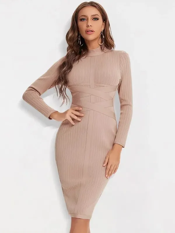 Sexy Red Bandage Dress 2023 Nude Turtleneck Long Sleeves Office Bodycon Dress Cross Criss Women Midi Vestidos Maxi XL — image 3