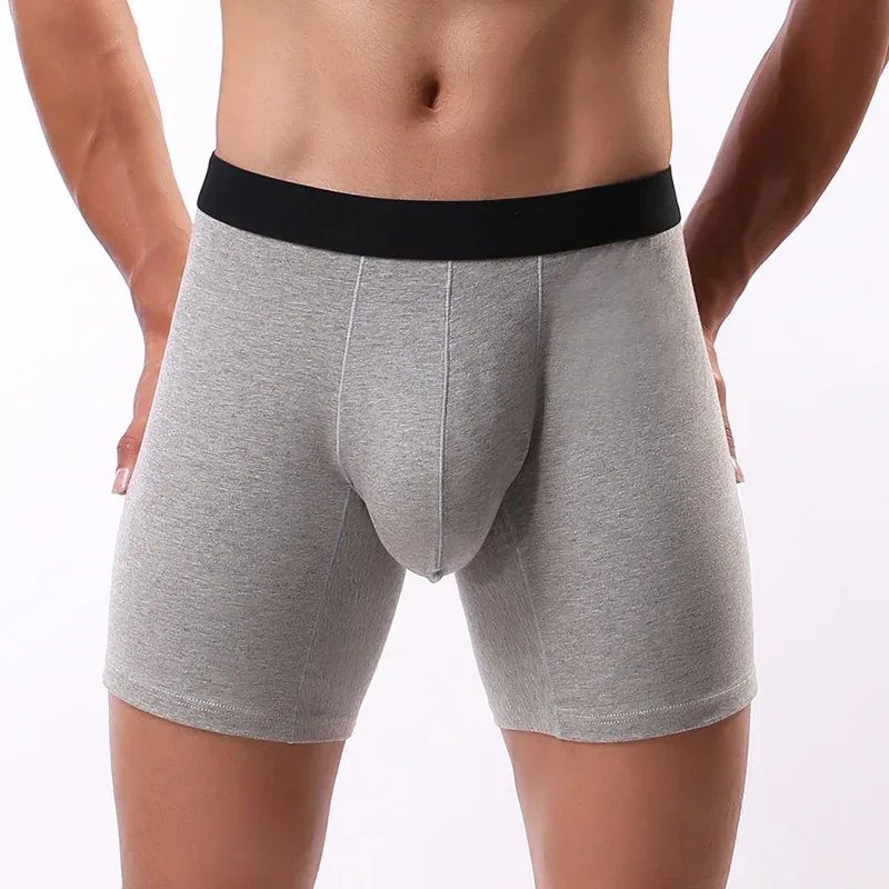 Boxers masculinos casuais esportes estendidos algodão roupa interior resistente ao desgaste troncos u convexo bolsa cuecas boxershorts lingerie — image 1