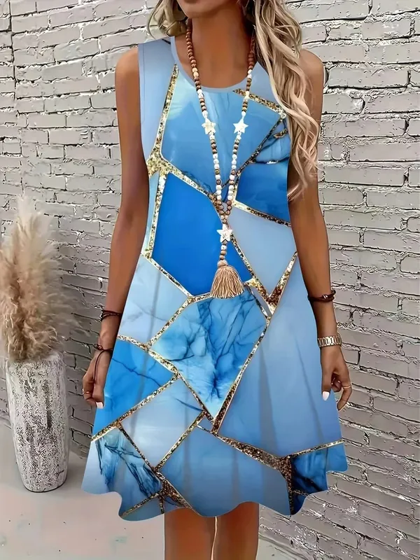 2026 Summer Women's Sleeveless Dresses Knee-Length Round-Neck Dresses Beachy Casual Dresses 3D-Printed Loose-Fitting Dresses