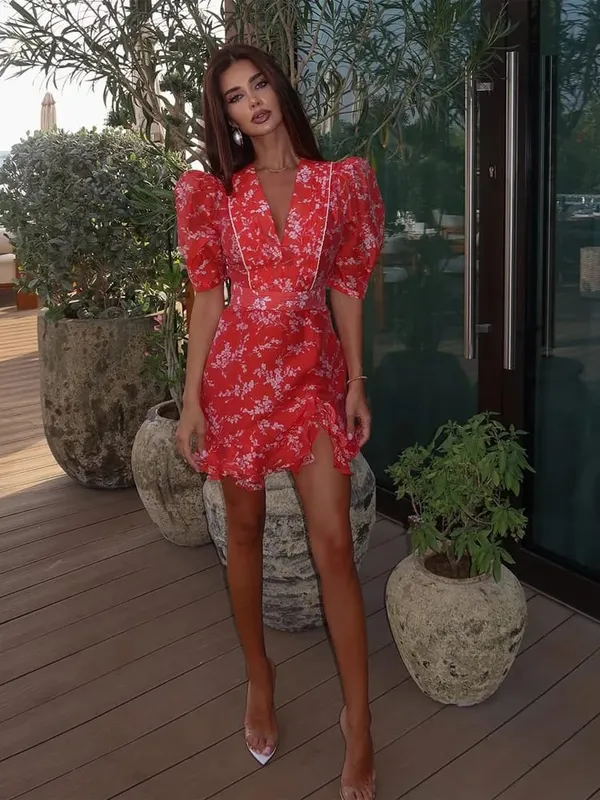 Women Red Floral Printed V-neck Short Sleeved Dress Puff Sleeve Waist Trim Ruffle Slit Hem Mini Dresses 2026 Summer Party Gowns
