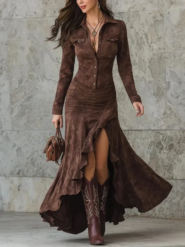 Elegante retro vestido de cor sólida para as mulheres primavera outono moda nova lapela botão manga longa assimétrico bainha grande vestido longo
