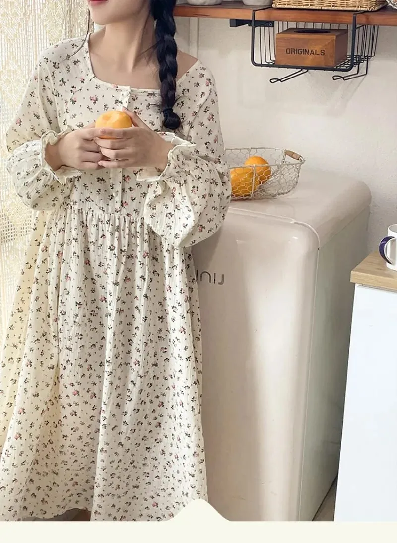 Musselina 100% algodão gaze para mulheres vestido de manga longa botão acima impressão moda casual chique oversized solto feminino vestidos mujer — image 6