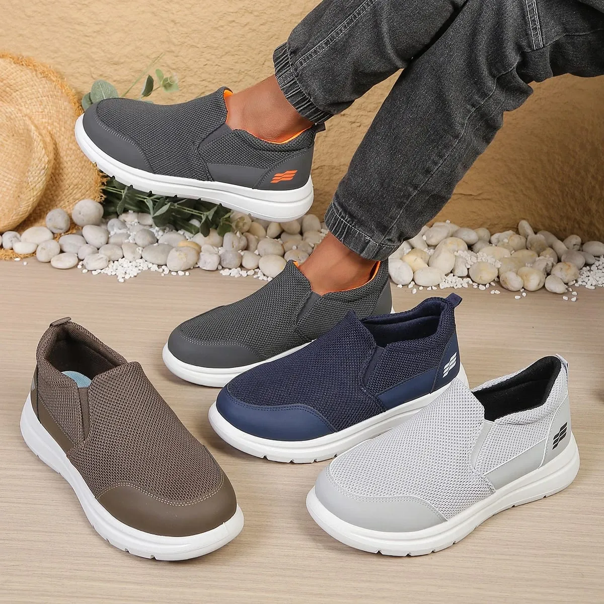 Men's slip-on hollow mesh walking loafers spliced smooth toe overlay dual elastic side gussets block segmented white outsole d — image 1