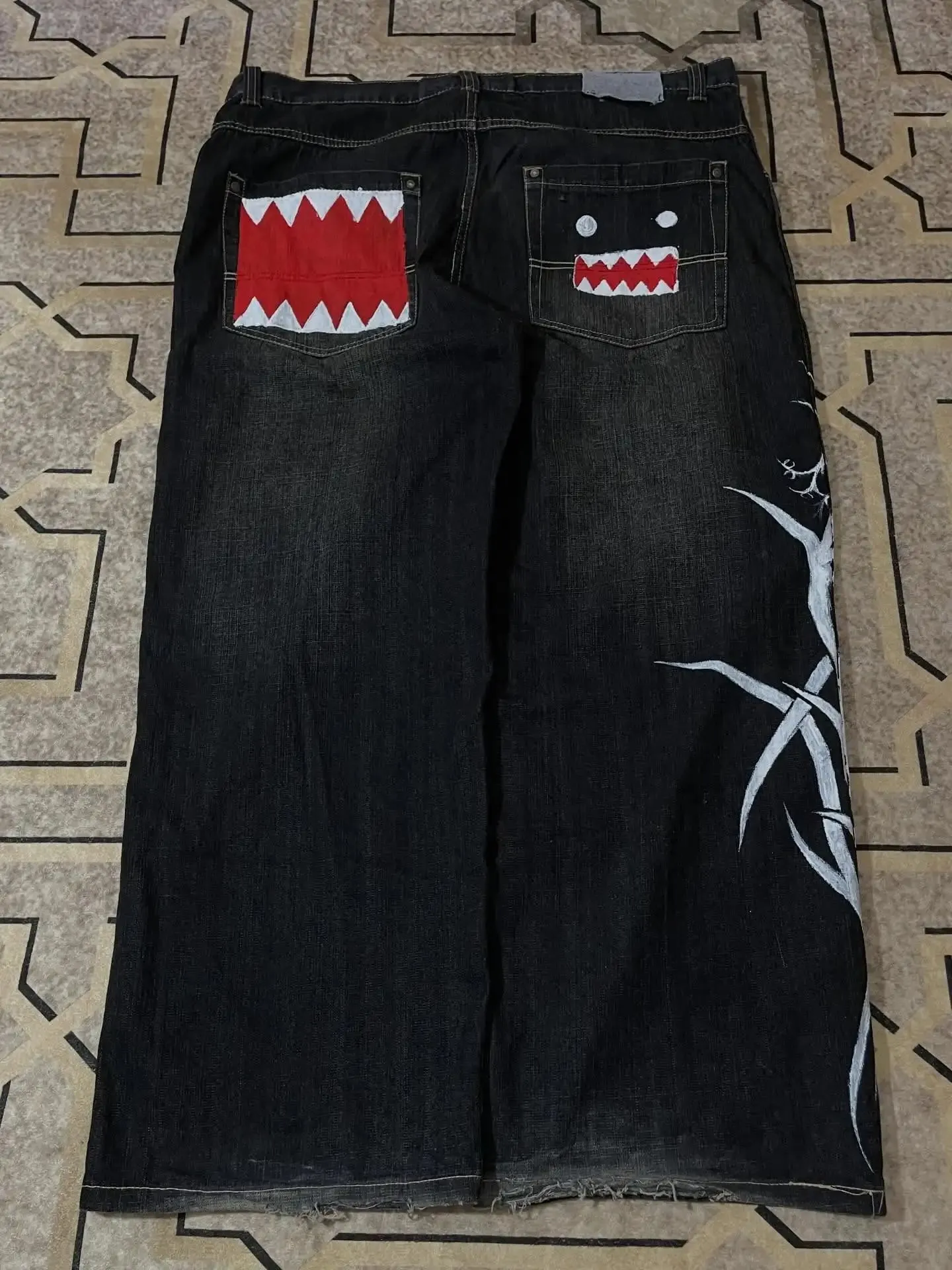 Y2k Dark Wash Baggy Jeans Men Shark Mouth Pocket Print White Tribal Flame Side Graphic Harajuku Wide Leg Hip Hop Denim Trousers — image 1