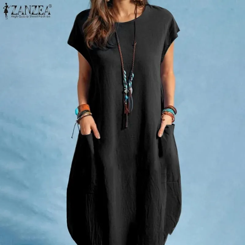 Summer Casual Cotton Dress for Woman O-Neck Short Cap Sleeve Loose Cotton Knee-Length Dress Vacation Day Wear Robes Femme — image 3