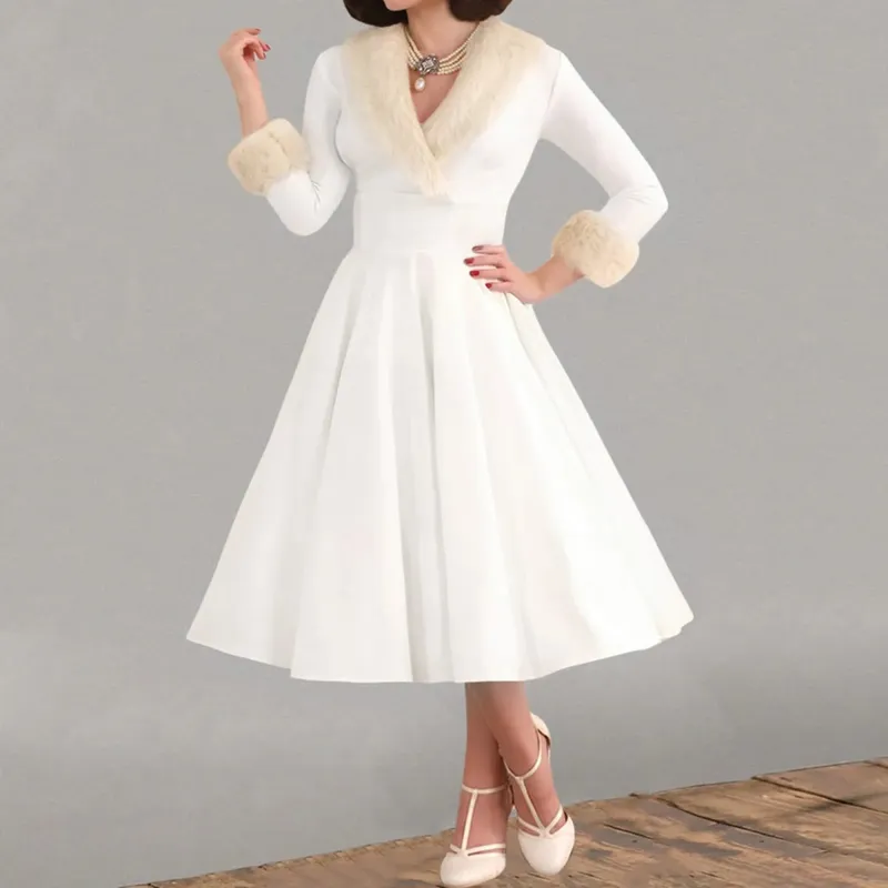 Ano novo vestido de natal feminino natal sexy traje manga longa decote em v pelúcia quente festa plissado elegante túnica vestidos de balanço — image 2