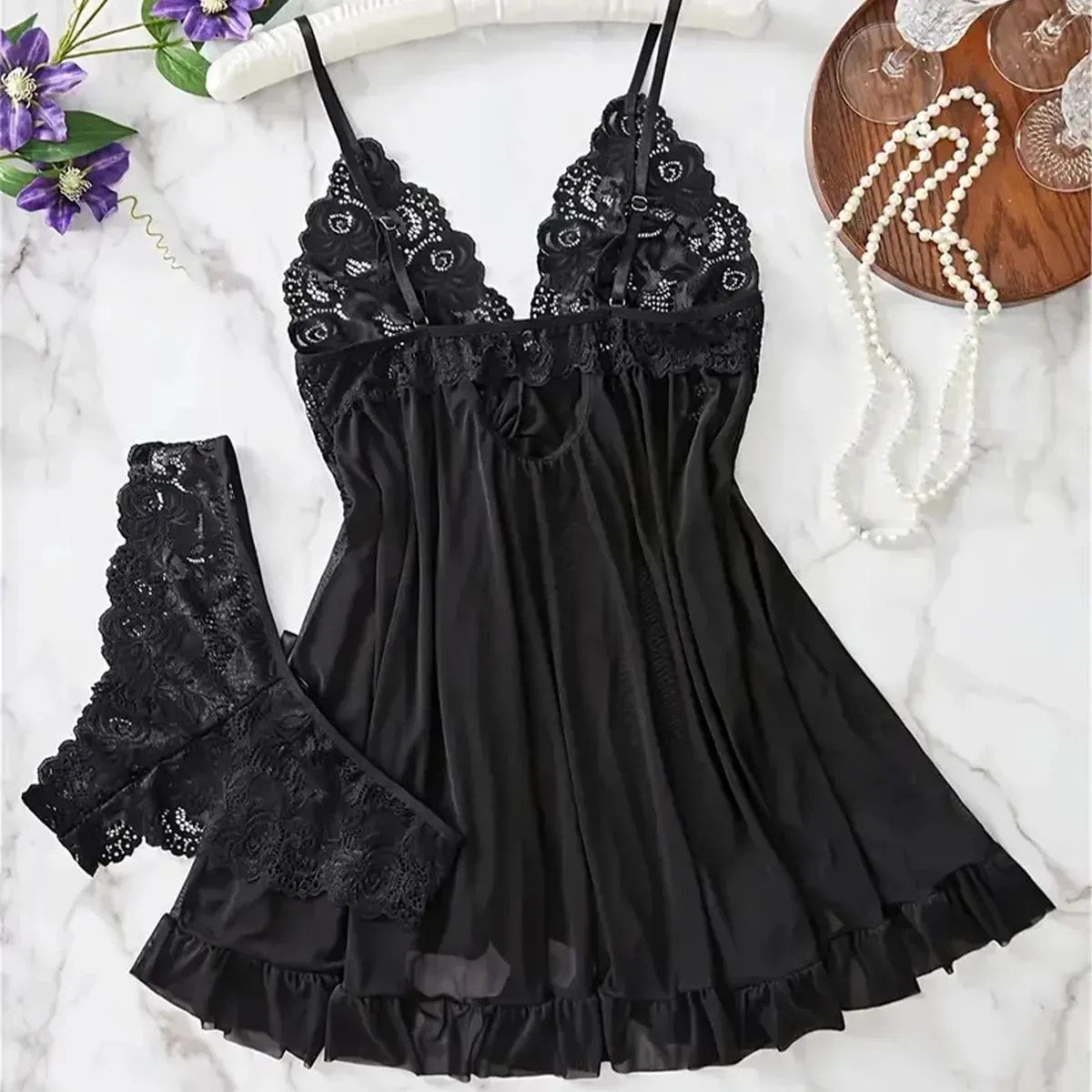 Novo azul contraste renda plissado guarnição lingerie conjunto profundo v vestido e tanga sexy roupa interior feminina sutiã oco calcinha estilingue — image 6