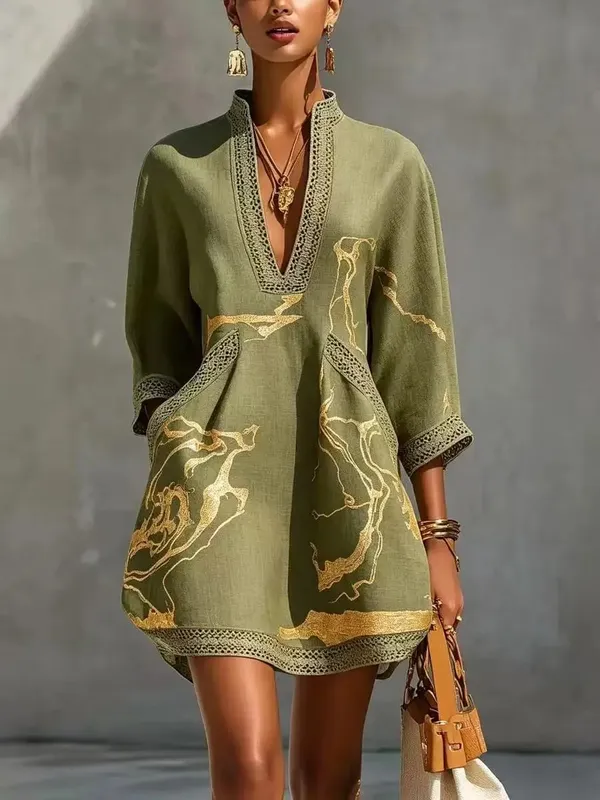 B Elegant Mini Dress for Women Fashion Lace Trim V Neck Abstract Print 3/4 Sleeve Pocket Dress Casual Commuting Vacation Dresses — image 10