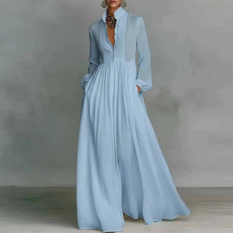 French Elegant High Waist Swing Long Dress Woman Spring Solid Pockets Pleated Maxi Dress Autumn Long Sleeve Button Evening Dress