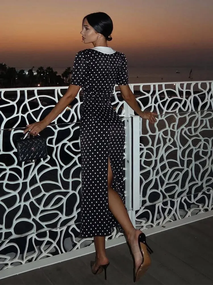 Dot impresso vestidos para mulheres moda sexy streetwear manga curta bainha turn down collar com decote em v vestidos longos robes femininos — image 6