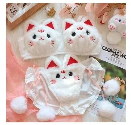 Cute Cat Paw Plush Lingerie Set for Women Warm Winter Bra & Panty with Ears Comfortable Kawaii Underwear — image 20