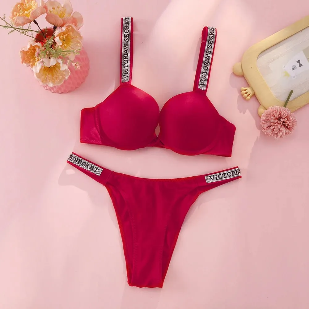 Victoria Secret Hot Sexy Lingerie Set Very Sexy Logo Shine Strap Tropical Floral Push Up Bra Shine Script Thong Panty — image 7