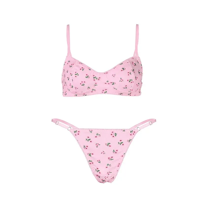 Women Floral Print Wireless Bra Panty Set Spaghetti Strap Soft Texture Cute Bikini Lingerie Daily Sleep Comfort Intimates — image 2
