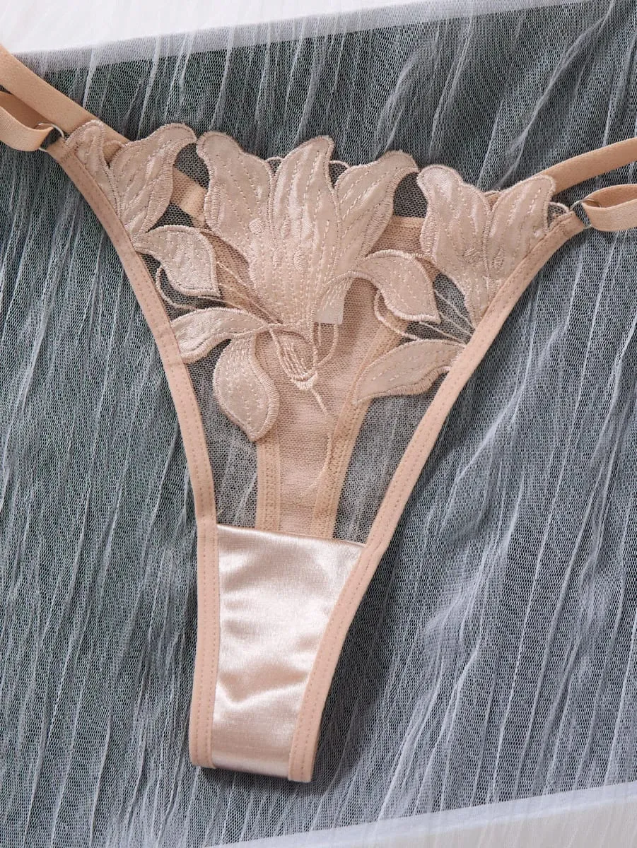 Conjunto de lingerie bordada floral champanhe, malha de cetim, sutiã fio dental, roupa íntima feminina, lua de mel, boudoir za824031 — image 6