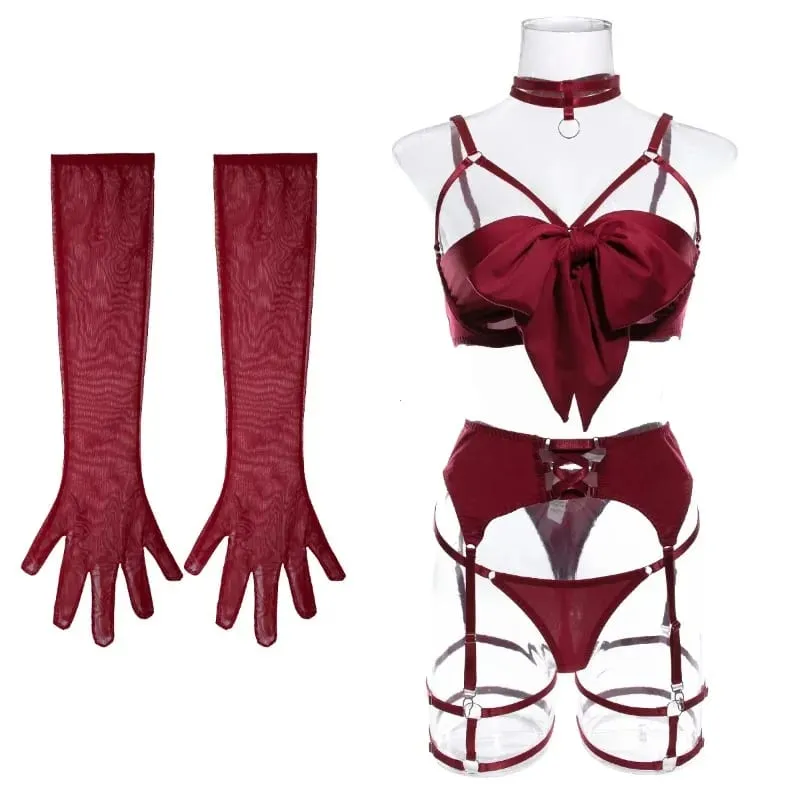 Women 4 Piece Sexy Lingerie Set Hollow Out Gathered Push Up Bra Bow Decor Waist Belt Black Matching Underwear Sleep Nightwear — image 6