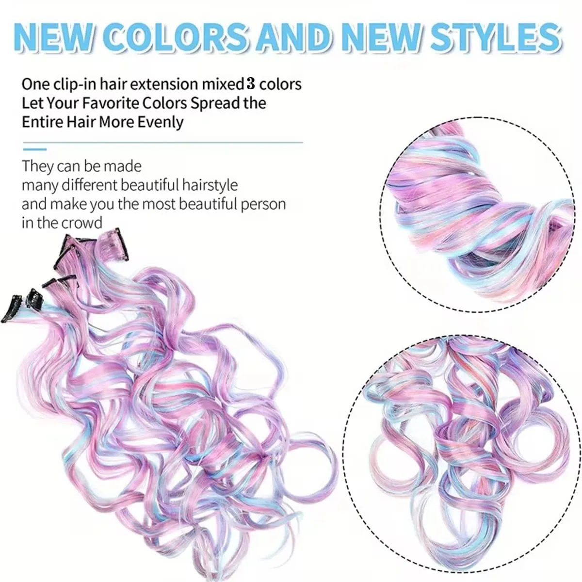 Synthetic 5Pcs Clip In Hair Extensions Colorful Ombre Curly Wig Rainbow Highlight Hair Clip On Hairpieces For Women Girls — image 4