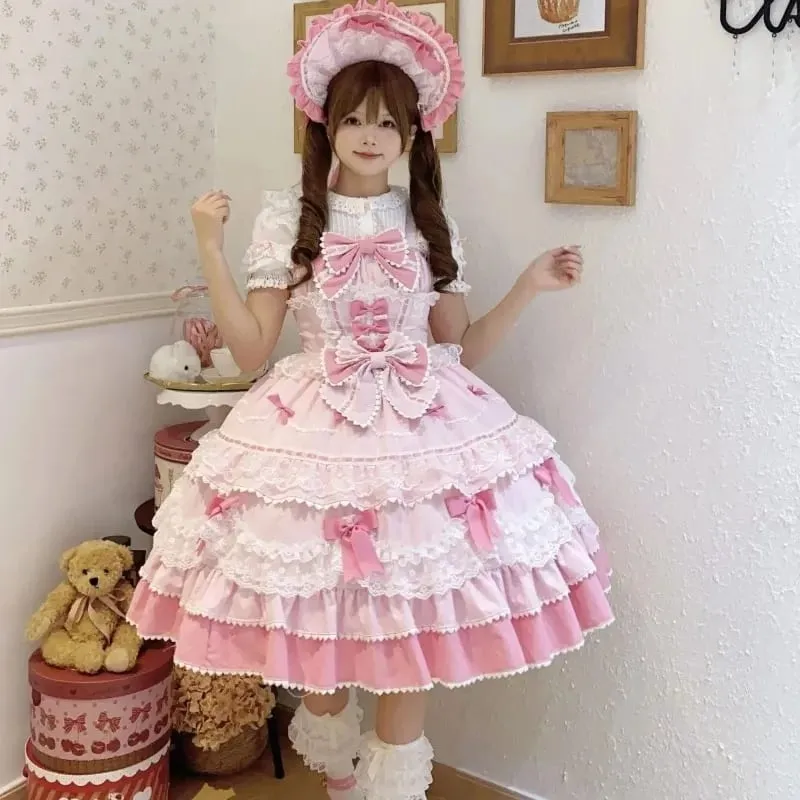 Y2K Sweet Lolita Jks Strap Dress Women Solid Ruffle Lace Bow Patchwork Kawaii Princess Ball Gown Knee-Length Elegant Party — image 6
