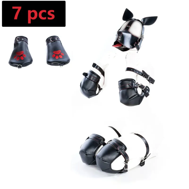 PU Leather Puppy Play Bondage Set Dog Mask Hood Mittens Handcuffs Anklet Collar Leash Chain Restraints BDSM Sex Toys for Couples