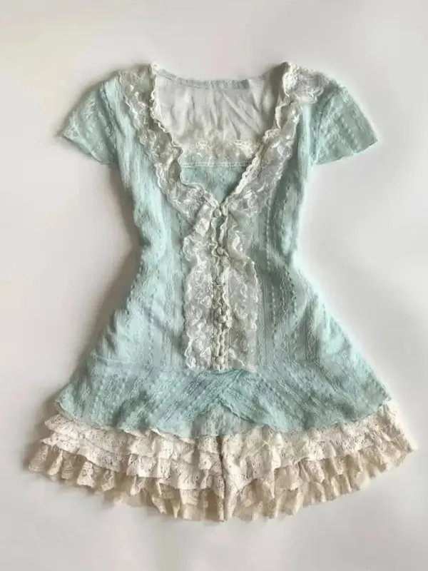 Feminino y2k vintage rendas retalhos vestido de duas peças conjunto verão elegante retro cardigan + doce moda sem mangas magro mini vestido — image 5
