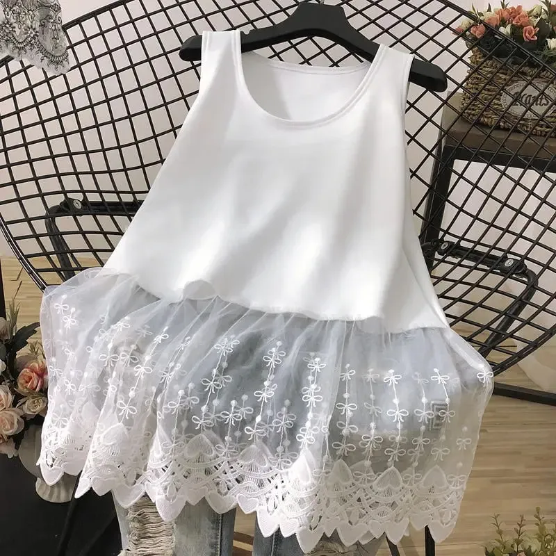 Straße Casual Spitze Patchwork Tanks Sommer Neue Ärmel Einfarbig Lose Jugend Weiß T Shirt Tops Mode-Trend Frauen Kleidung — image 3