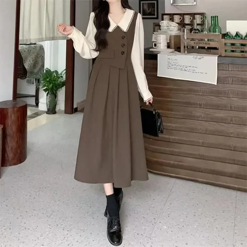 Women Dresses 2026 patchwork fake two-piece long-sleeved baby collar high quality design autumn elegant long dress vestidoes — image 4