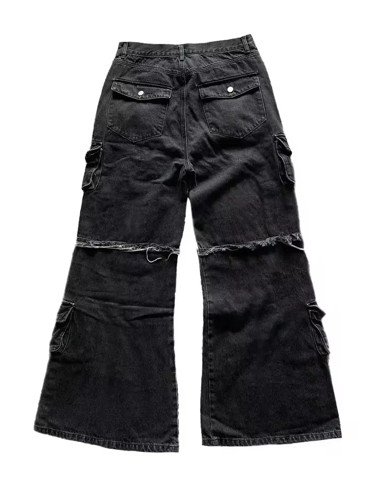 Y2K Black Multi Pocket Cargo Jeans Men Women Wide Leg Distressed Frayed Hem Flap Pockets Button Detail Baggy Streetwear Trousers — image 4