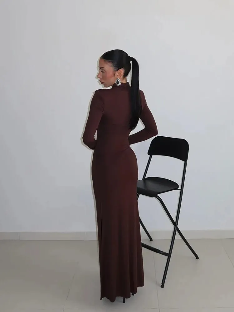 Ahagaga Sexy Sheath Women's Maxi Dresses Solid Turtleneck Regular Long Sleeves Hollow Out Slim Fit Bodycon Party Vestidos Robes — image 4