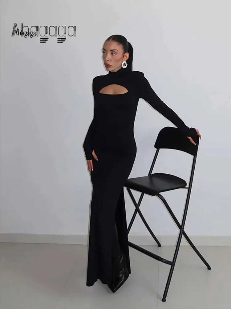 Ahagaga Sexy Sheath Women's Maxi Dresses Solid Turtleneck Regular Long Sleeves Hollow Out Slim Fit Bodycon Party Vestidos Robes — image 2
