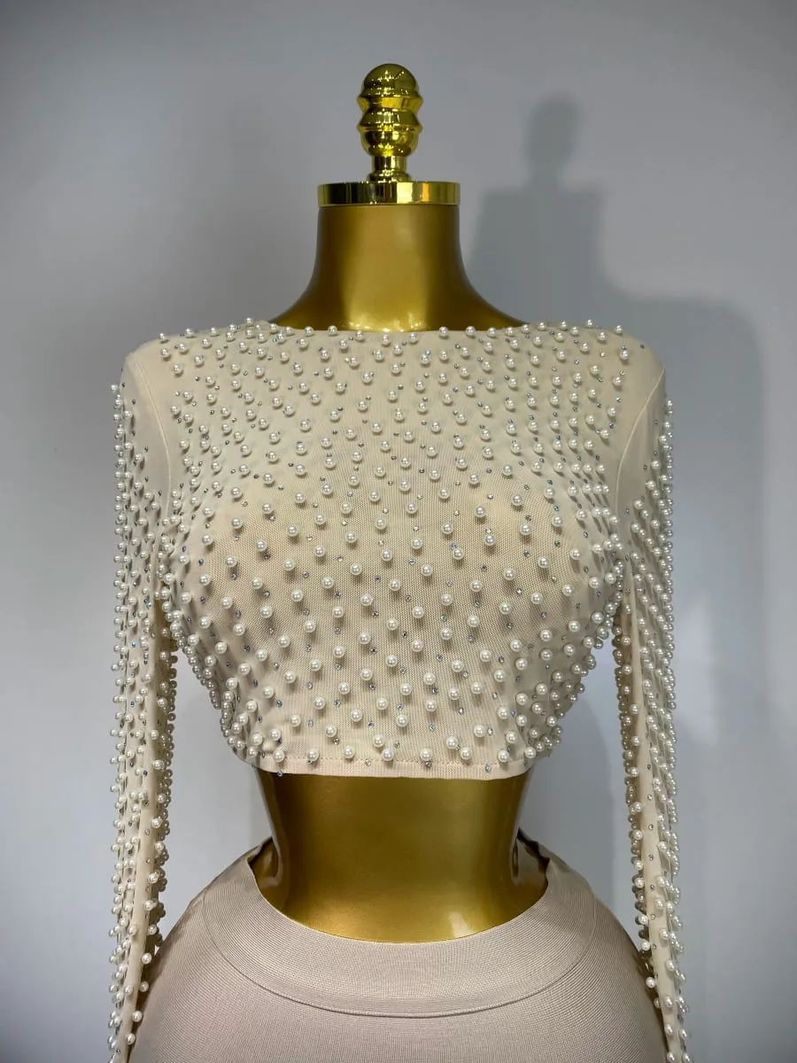 Kvinnor Sexig Långärmad Mesh Pearl Top Kändis Midi Kvinnor Bandage Set 2025 Designer Evening Party Lyx Födelsedag Tvådelad Set — image 5