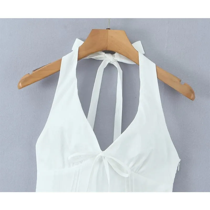 Sexy profundo v halter branco mini vestido feminino moda sem costas a linha elegante vestidos de festa verão robe rendas até vestidos — image 6