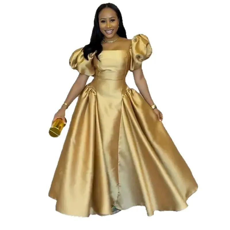 Elegant Dress for Women's Puff Sleeve Square Collar Gold Solid Pleated A-line Evening Party Cocktail Maxi Dresses — image 5