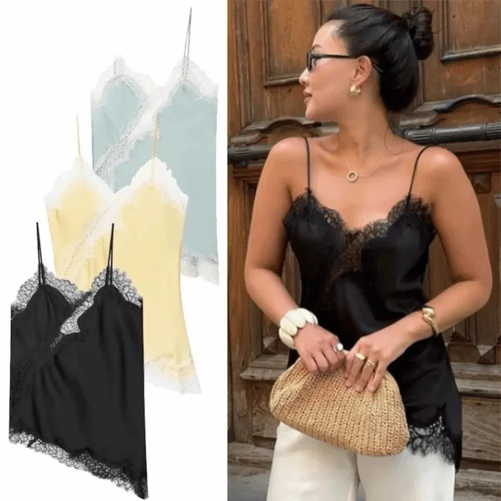 Elegant asymmetrisk spets spets patchwork topp ärmlös rygglös camisole toppar V-hals Sexig spets dam linne sommarkläder