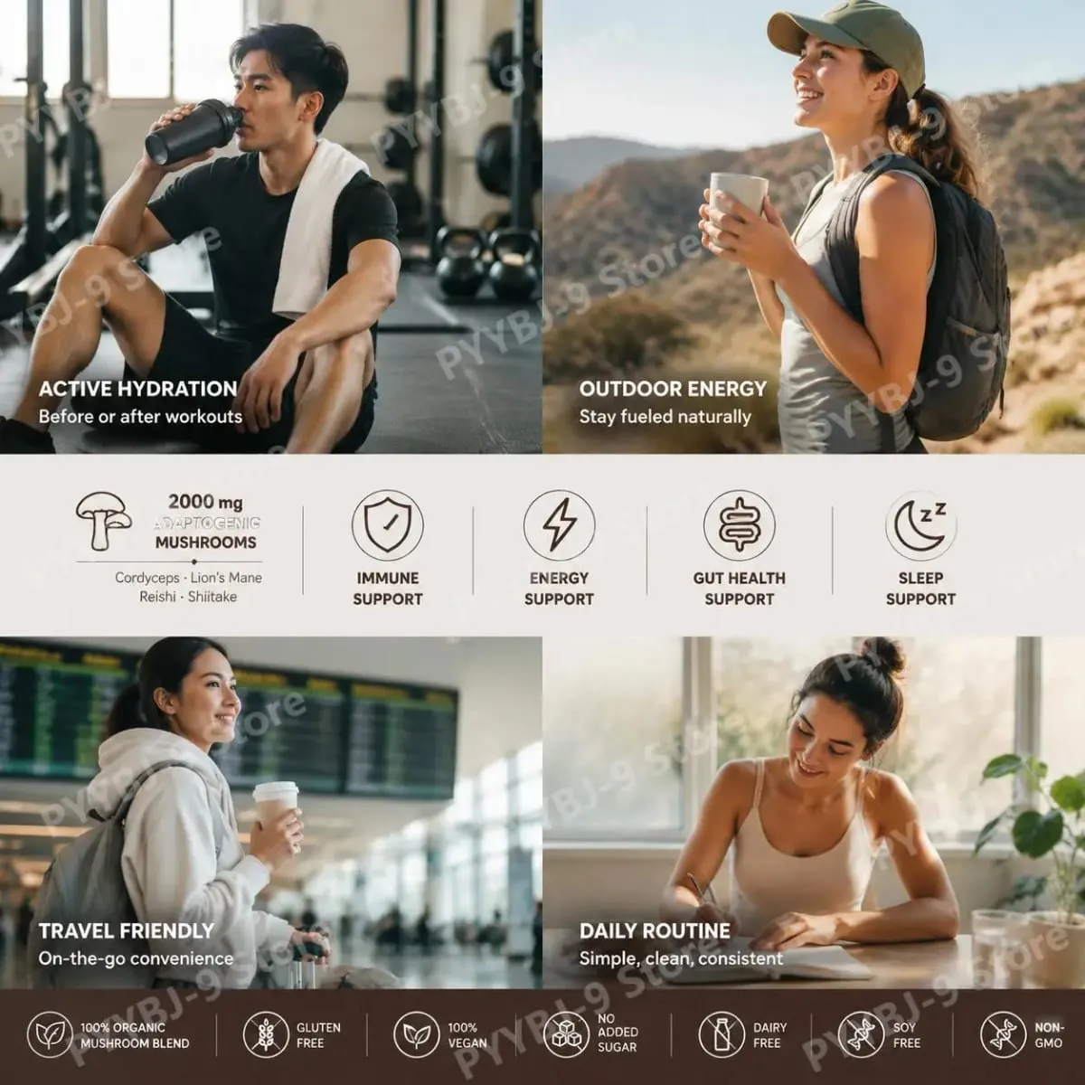 Organic Mushroom Blend Powder Lion's Mane Reishi Gut Health & Energy Support 48mg Caffeine Gluten Free Vegan 30 Servings — image 3