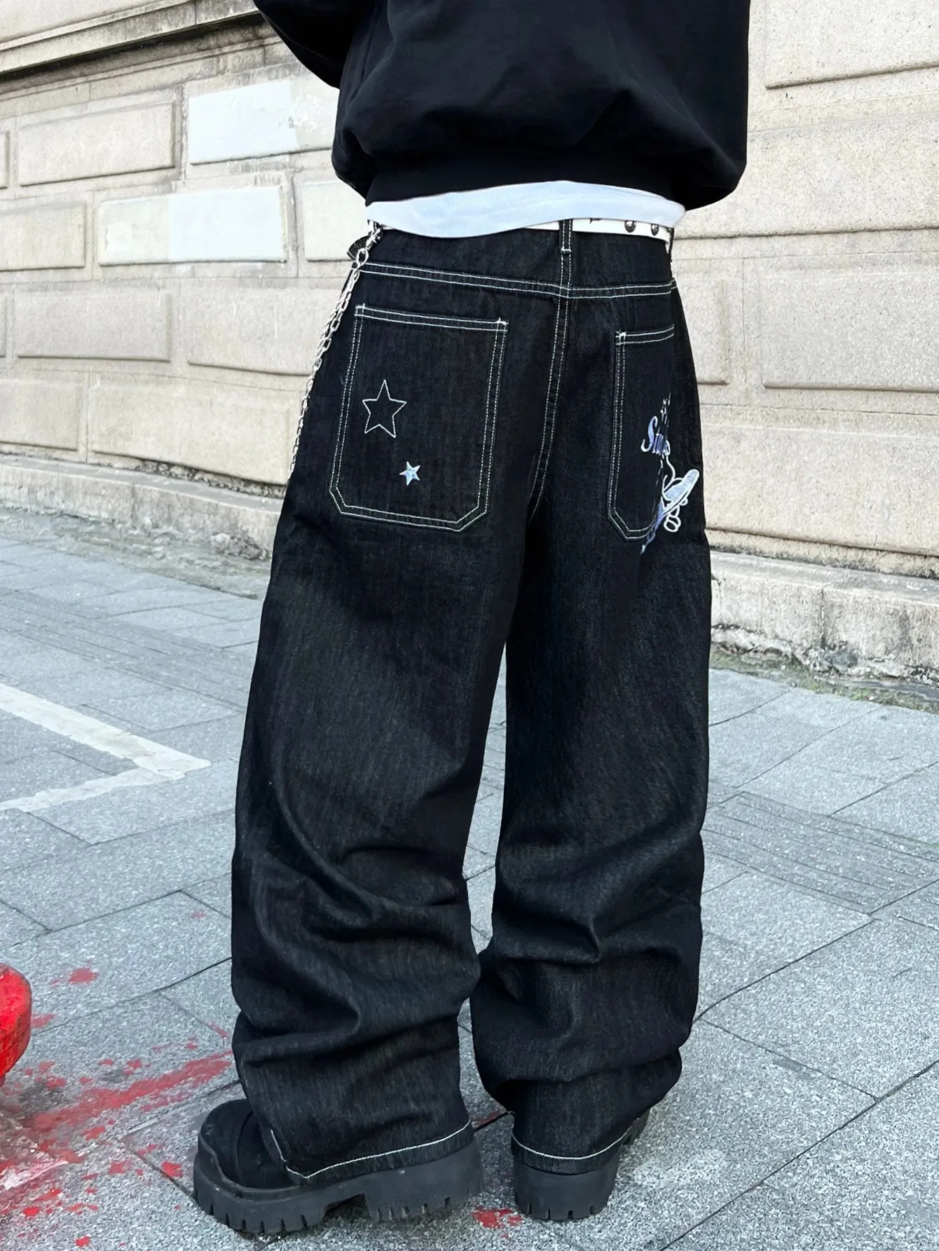 Men's Jeans Vintage Black Baggy Wide Pants Trendy Y2K Streetwear Men's Denim Pants Men's Casual Trousers With Letter And Star