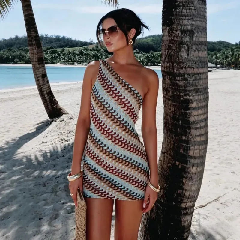 Bohemian Slanted Shoulder Colorful Striped Bodycon Dress Chic Irregular Printed Knitted Backless Slim Fit Mini Dresses Beach — image 1
